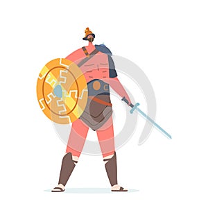 Legionary Soldier, Roman Warrior Gladiator with Naked Torso Hold Sword and Shield Isolated on White Background, Spartan