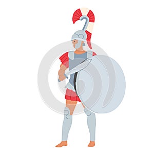 Legionary Soldier, Roman Warrior Gladiator Wearing Helmet Holding Sword and Shield Isolated on White Background