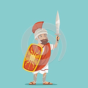 Legionnaire sword shield warrior soldier greek roman retro vintage character icon cartoon design vector illustration