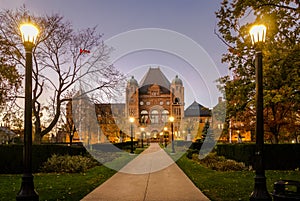 Legislative Assembly of Ontario at night situated in Queens Park - Toronto, Ontario, Canada