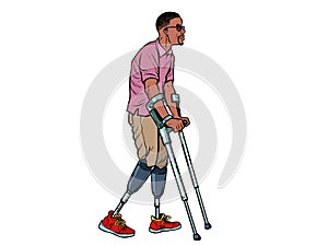 Legless african veteran with a bionic prosthesis with crutches. a disabled man learns to walk after an injury