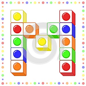 Lego Alphabet English letter M blocks in coloring stroke with colorful circles