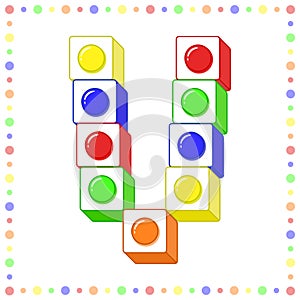 Lego Alphabet English letter V blocks in coloring stroke with colorful circles