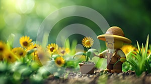 Lego Gardener Tending to Sunflowers in a Lush Garden Scene with Sunlight and Greenery Miniature Diorama Nature Photography photo
