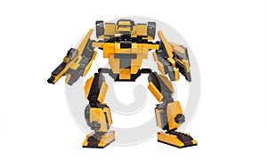 Yellow and black robot from lego assembled by hands isolate