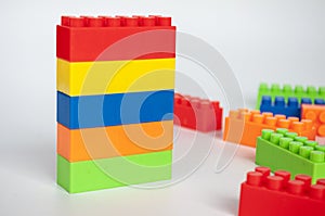 Lego set on white background cover. Toys and copy space