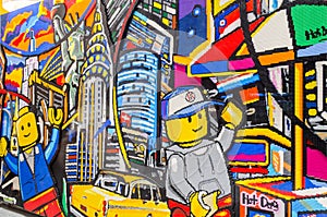 Lego Wall Art Mosaic Display. Happy Minifigures in Manhattan, New York City, USA