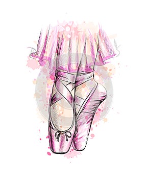 Legs of ballerina in ballet shoes from a splash of watercolor