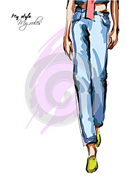 Legs of a beautiful young woman in blue denim pants. Hand drawn fashion girl. Fashion model posing. Sketch.