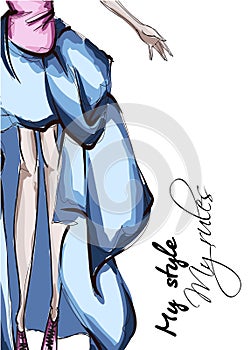 Legs of a beautiful young woman in blue dress. Hand drawn fashion girl. Fashion model posing. Sketch. Vector illustration.
