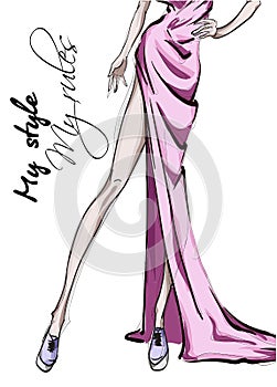 Legs of a beautiful young woman in pink dress. Hand drawn fashion girl. Fashion model posing. Sketch. Vector illustration.