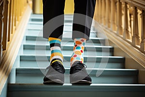 Legs with black pants, different pair of socks and black shoes standing on stairs outdoors. Young man foots in