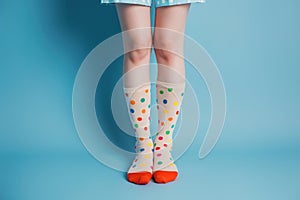 legs with colorful bright knee socks on blue background