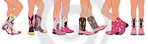 Legs in cowboy boots. Cowgirl leg, fashion young women wear wild west style shoes. Western and texas, cartoon trendy