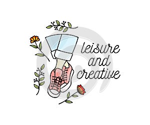 Legs dangle shod in sneakers and flowers, logo design. Shoes, fashion, plants and nature, vector design