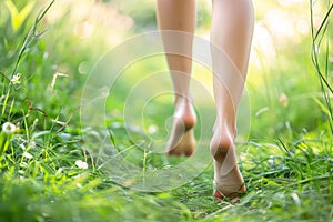 legs and feet of barefoot woman running through grass