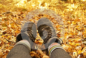 Hiking Boots in Golden Fall Leaves