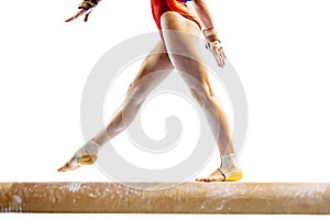 legs female gymnast step on balance beam in gymnastics artistic