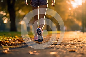 Legs of a female walking, cool down after running, young woman after jogging in the park under beautiful sunlight. Fitness,