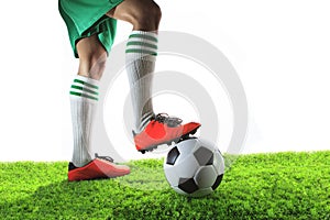 Legs of football player ,soccer player and soccer ball isolated