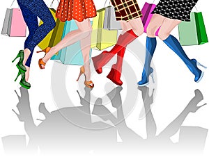 Legs of four girls with Shopping Bags