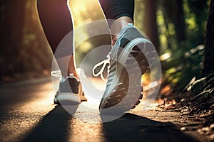 legs of a girl in sports sneakers running along a path in park in morning closeup. Generative AI