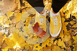 Legs of a girl in yellow sneakers in autumn foliage