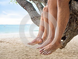 Legs hanging on the tree branch beside the sea beach background.