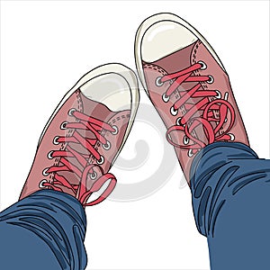 Legs with jeans in gumshoes. Vector illustration. EPS