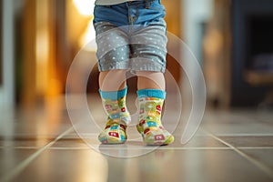 Legs of little baby in colorful socks learning to walk at home, closeup