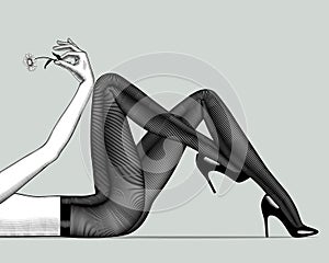 Legs of lying woman in dark pantyhose and high-heeled glossy black shoes and hand with a flower