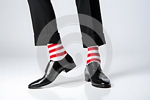 Legs of man in business pants and shoes with funny red and white striped socks