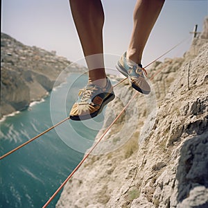 Legs of a man walking on a tightrope over an abyss close-up,