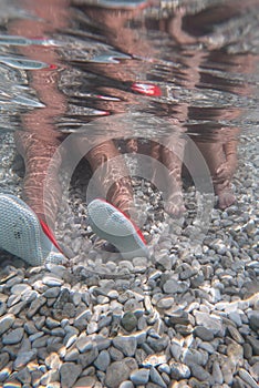 Legs of mother with little daughter underwater view.