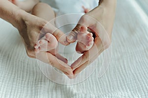 Legs newborn baby and Mama`s arms heart