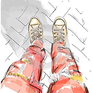 Legs with redjeans in gumshoes. Vector illustration. EPS