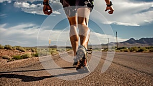 Legs of runner running along a country road
