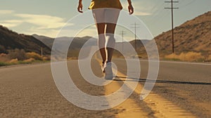 Legs of runner running along a country road