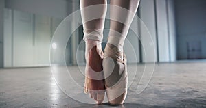 Legs, shoe and feet in studio for ballet dancing, balance and effortless with barefoot, professional and strength with