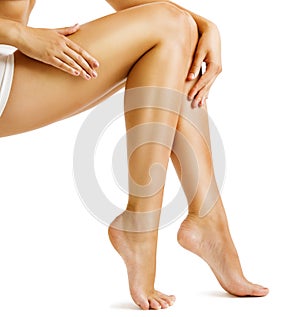 Legs Smooth Skin, Woman Touching Hairless Leg, Beauty Care