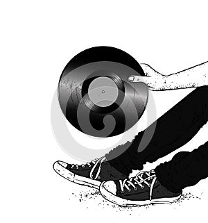 Legs in sneakers and a vinyl record. Hipster and music. Vector illustration for a postcard or a poster, print for clothes.