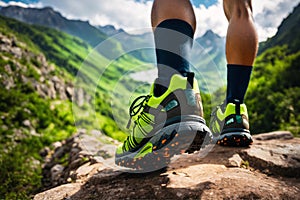 The legs in socks of a man traveler going in hiking green sneakers shoes for cross-country travel