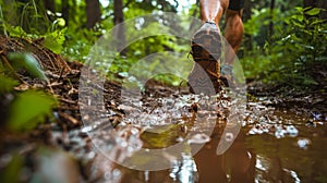 Legs of a trail running athlete crossing the dirty puddle in the forest, low angle view