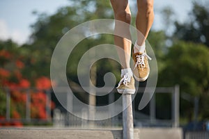 Legs walking on steel pipe