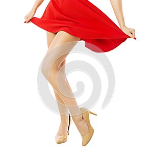 Legs woman dancing in red dress over white