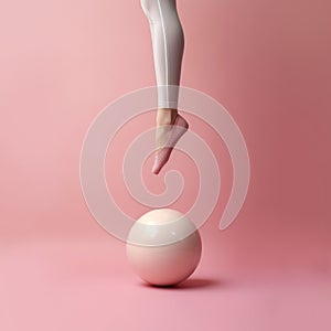 Legs of a woman, jumping on pilates ball against pink background. Sport, activity, fitness concept, with copy space.