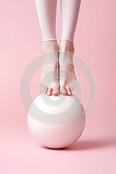 Legs of a young woman standing on pilates ball. Sport, exercise, fitness concept. AI generative, illustration