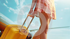 Legs of young woman with suitcase
