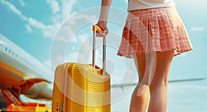 Legs of young woman with suitcase