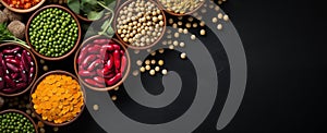 Legumes background, banner, poster with copy space and top view. Assorted legumes black background